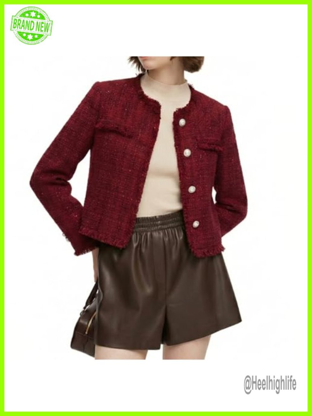 GOELIA Wool Blend Tweed Cropped Blazer Collarless Business Casual